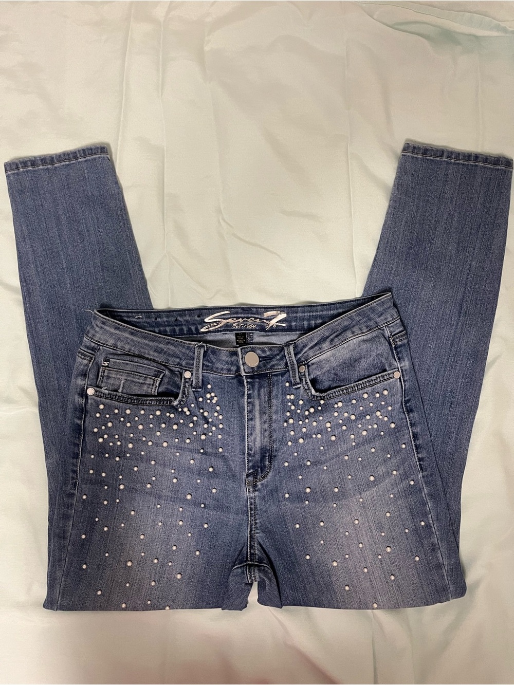 Seven7 Blue Skinny Jeans with Pearl Stud Accents